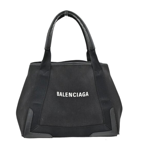 BALENCIAGA Logo Navy Cabas S Hand Bag Canvas Leather Black Italy - Picture 1 of 15